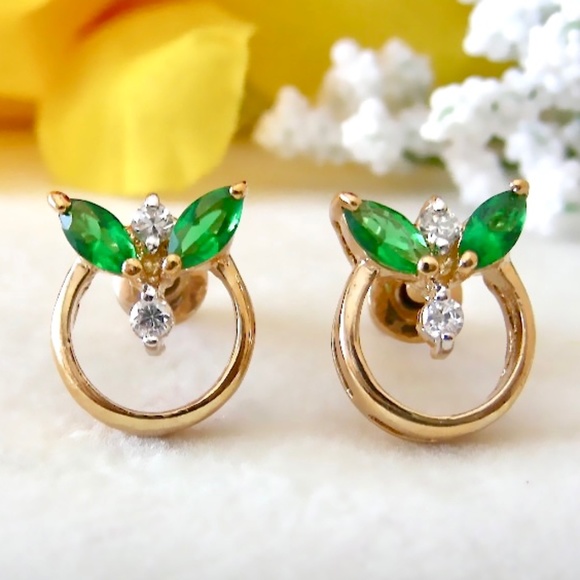 Emerald and Cubic Zirconia 18k Yellow Gold Filled Earrings - Picture 1 of 2
